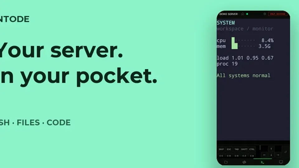 Intode 대표 이미지. 왼쪽에 Your server. In your pocket. 문구와 SSH · FILES · CODE, 오른쪽에 터미널 탭과 추가 키 바가 열린 폰 화면