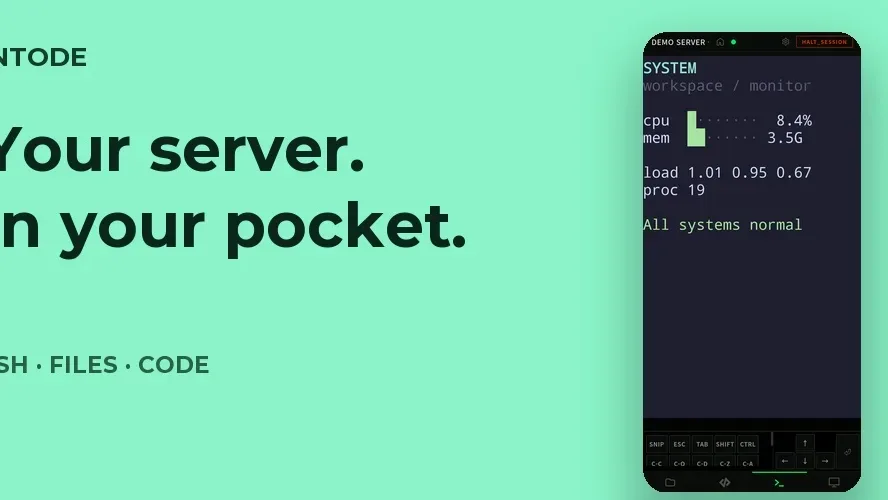Intode 대표 이미지. 왼쪽에 Your server. In your pocket. 문구와 SSH · FILES · CODE, 오른쪽에 터미널 탭과 추가 키 바가 열린 폰 화면